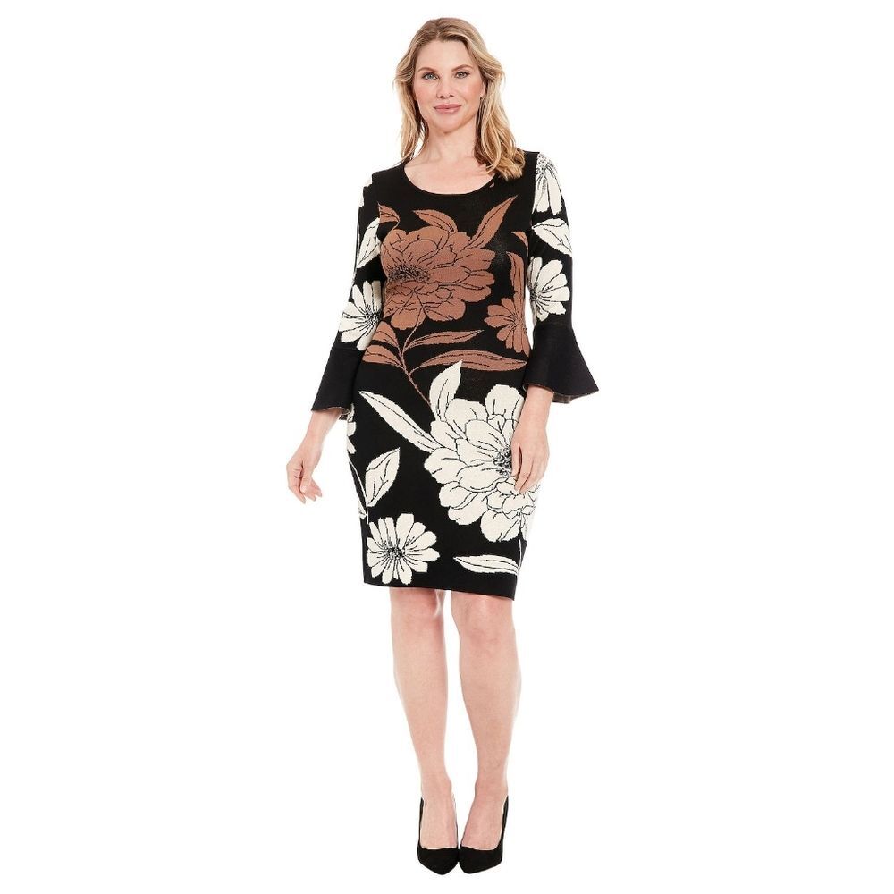 London Times Floral Sweater Knit Dress Sheath Bell Sleeve Earth Tones Office XL
